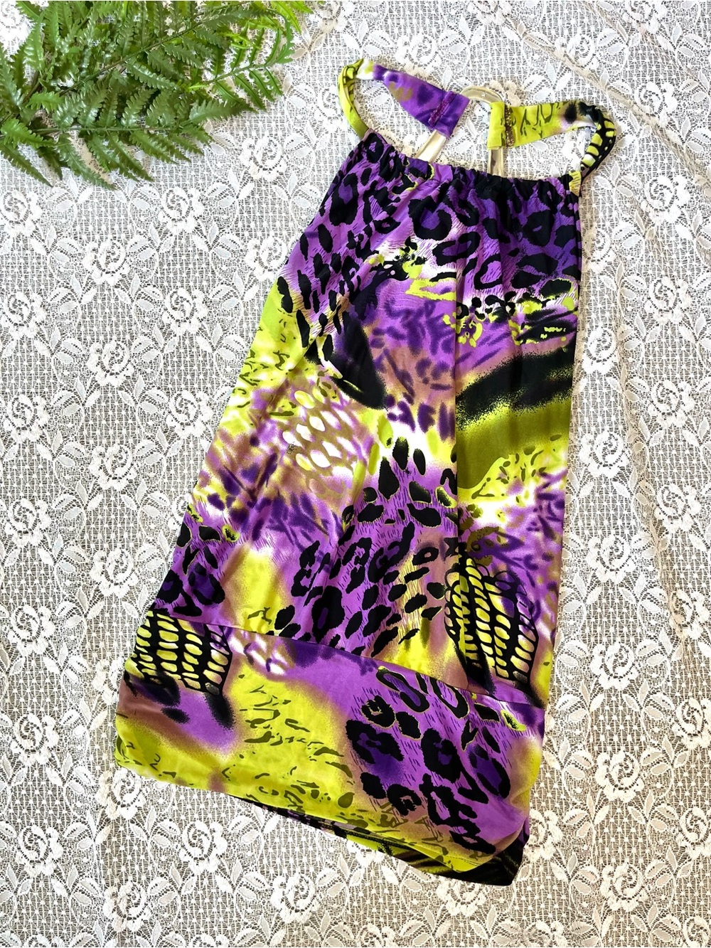 Y2K Guilty! Purple & Green Animal Print Halter Top Dress